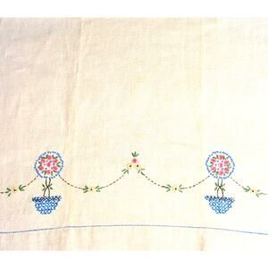 Vtg 1940s Irish Linen Guest Hand Towel Embroidered French Knot Floral Topiary